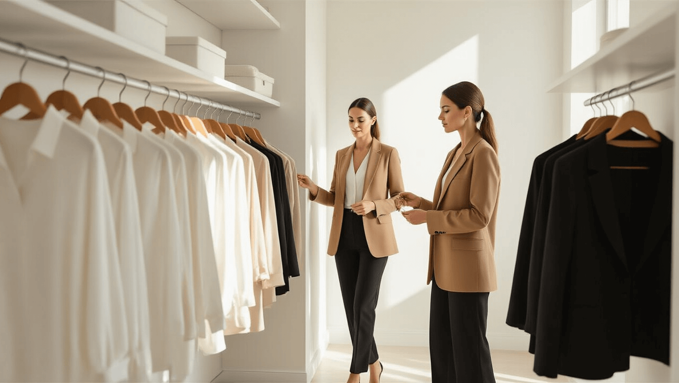 A bright, minimalist walk-in closet with natural light, featuring organized racks of neutral clothing. A woman in business casual attire arranges items, surrounded by white walls and wooden hangers, creating a sophisticated and serene atmosphere.