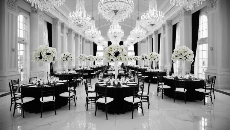 Cinematic wide-angle black and white photograph of an elegant grand ballroom wedding reception featuring crystal chandeliers, alternating tablecloths, and floral centerpieces, with polished marble floors and a dramatic interplay of light and shadow.