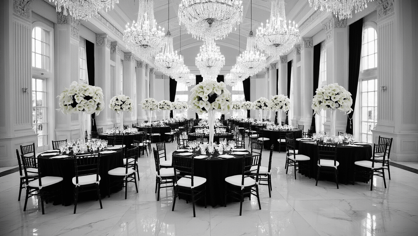 Cinematic wide-angle black and white photograph of an elegant grand ballroom wedding reception featuring crystal chandeliers, alternating tablecloths, and floral centerpieces, with polished marble floors and a dramatic interplay of light and shadow.