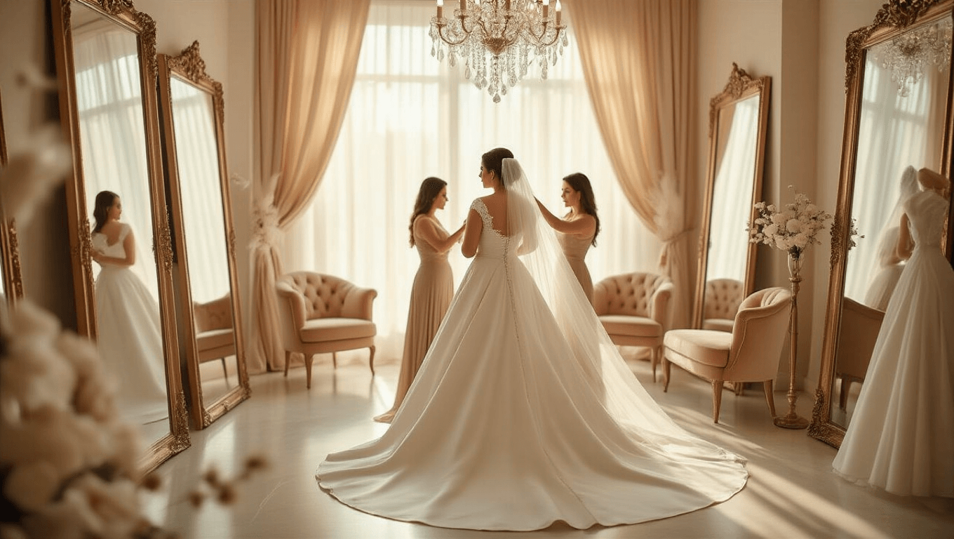 A plus-size bride in an ivory silk mikado A-line gown stands in a warm bridal boutique with floor-to-ceiling mirrors and natural sunlight, while a consultant adjusts her cathedral veil amidst elegant decor and soft, golden hour lighting.