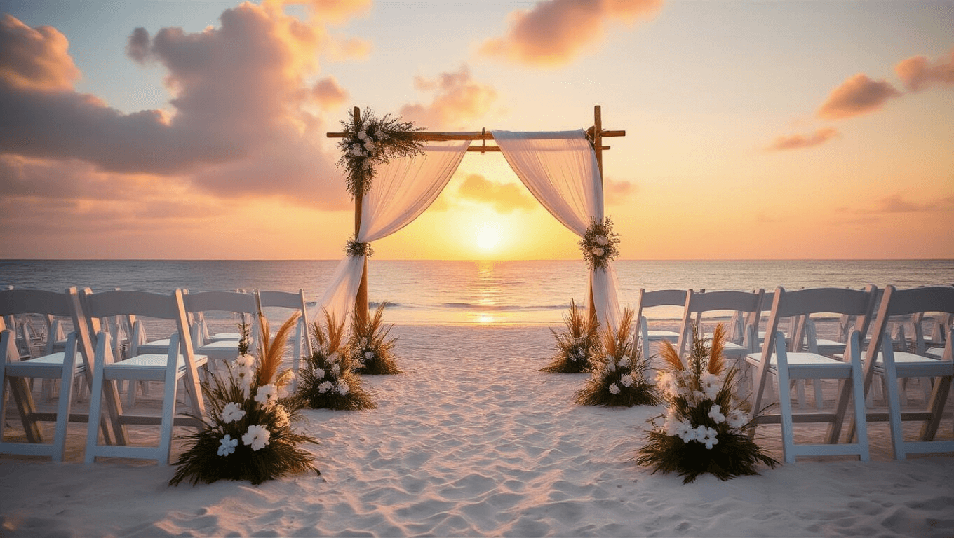 A romantic beach wedding ceremony at sunset, featuring white folding chairs, a bamboo arch with chiffon drapery, flower arrangements, and a vibrant orange and pink sky, captured in soft, golden hour lighting.