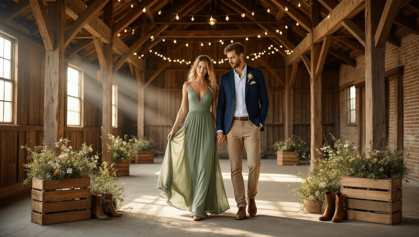 A rustic barn interior at golden hour featuring a woman in a sage green chiffon maxi dress and a man in a navy linen blazer, surrounded by vintage wooden crates with wildflowers, ambient string lights, and soft focus ambiance.