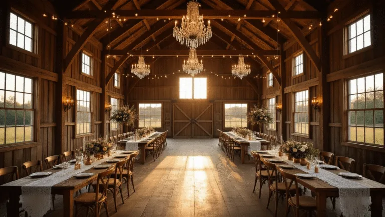 Cinematic wide-angle photograph of a rustic barn interior during golden hour, featuring soaring wooden beams, crystal chandeliers, and string lights, with polished floors, farmhouse tables, and intimate seating areas, creating a warm, moody atmosphere.
