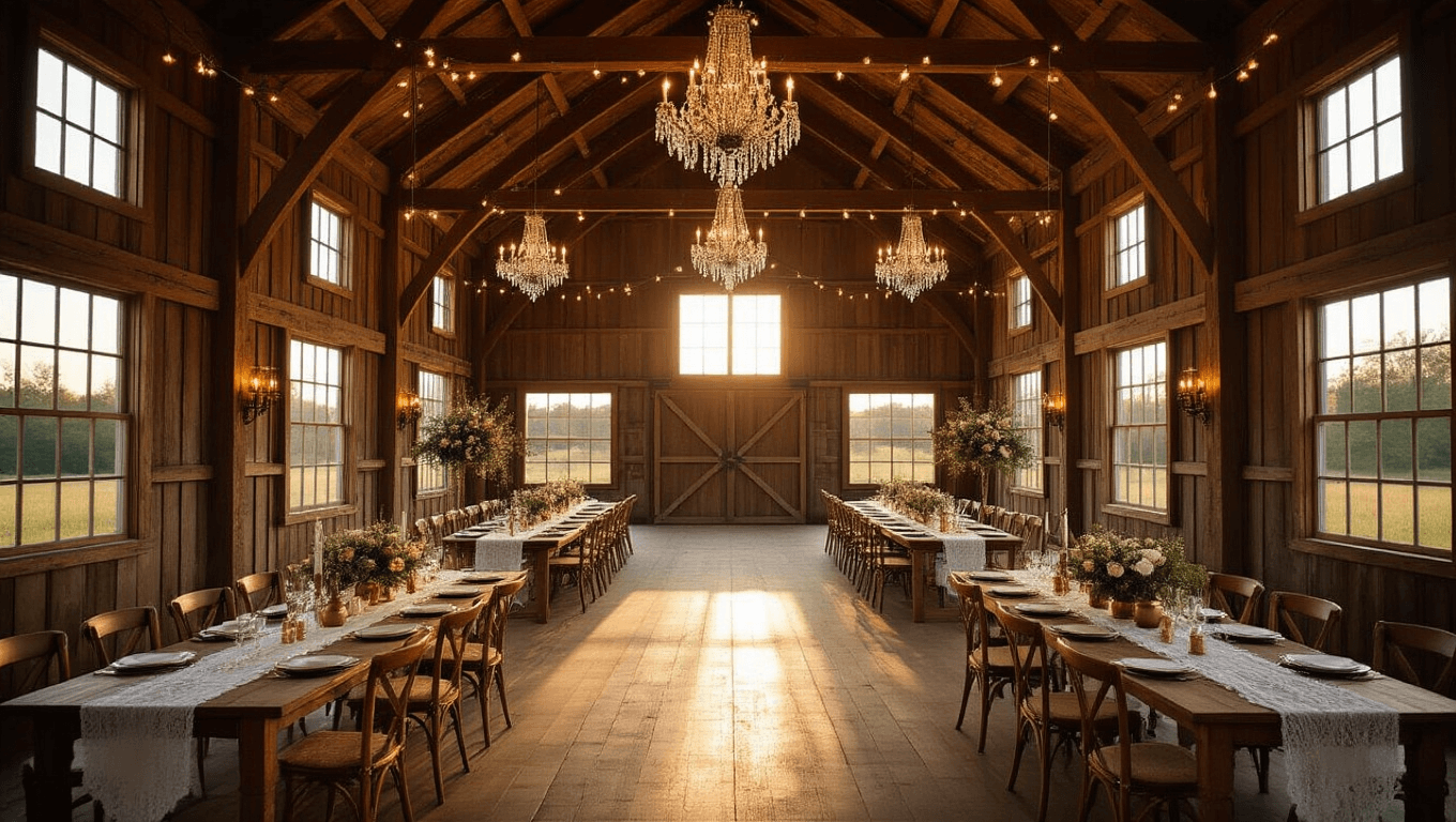 Cinematic wide-angle photograph of a rustic barn interior during golden hour, featuring soaring wooden beams, crystal chandeliers, and string lights, with polished floors, farmhouse tables, and intimate seating areas, creating a warm, moody atmosphere.