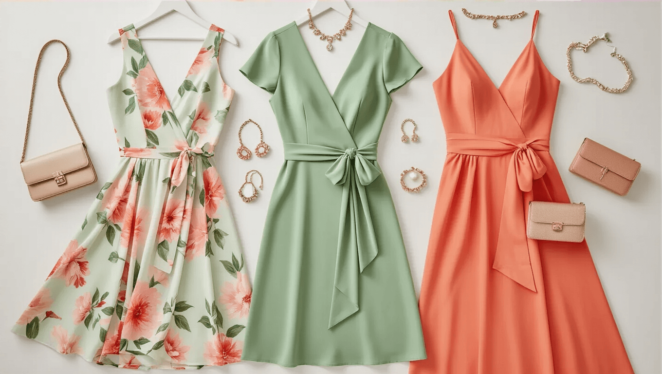 Elegant summer wedding guest dresses flat lay featuring a pastel floral midi dress, sage green silk wrap dress, and coral maxi dress, complemented by metallic accessories, delicate jewelry, and clutches on a clean white backdrop.