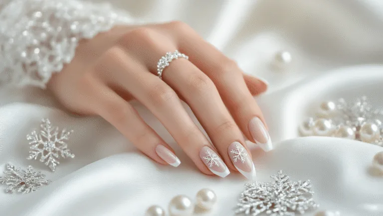 Elegant hands with frosted French manicure and snowflake accent nail on luxurious white silk, surrounded by crystal accessories and pearls, highlighting a romantic winter bridal atmosphere.