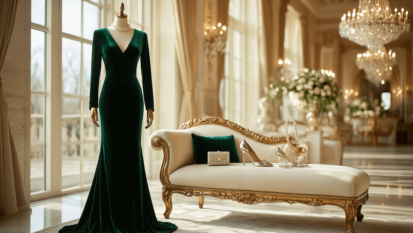 A luxurious emerald velvet gown displayed on a golden mannequin, surrounded by rich accessories on a cream chaise lounge, with elegant hotel architecture and soft afternoon light creating a dreamy atmosphere.