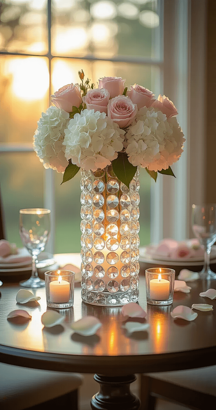 Intimate tabletop scene featuring a Dollar Tree centerpiece with white hydrangeas and pink roses in a tall glass vase filled with crystal gems, illuminated by a warm LED tea light, surrounded by scattered rose petals and a metallic table number, all captured in soft, golden hour lighting.