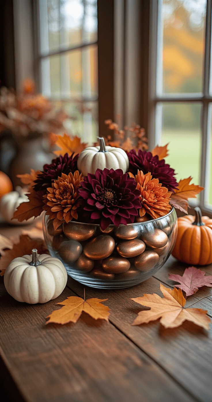 Close-up of a rustic wooden table featuring a low glass bowl filled with copper-toned river rocks, deep burgundy artificial flowers, and mini white pumpkins, illuminated by natural window light. Scattered autumn leaves enhance the seasonal ambiance, showcasing warm woods, deep reds, burnt orange, and cream tones.