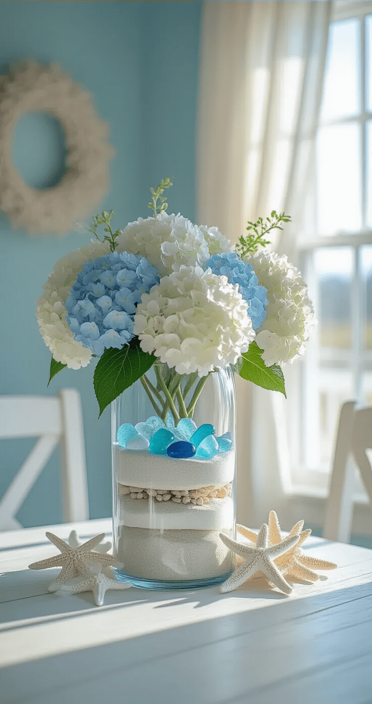 A beach-themed dining corner featuring a whitewashed wood table, pale blue walls, and mid-morning light filtering through sheer curtains, with a tall vase holding sand, sea glass, and starfish, accompanied by hydrangeas and coral pieces, captured at a slight angle with soft focus edges.
