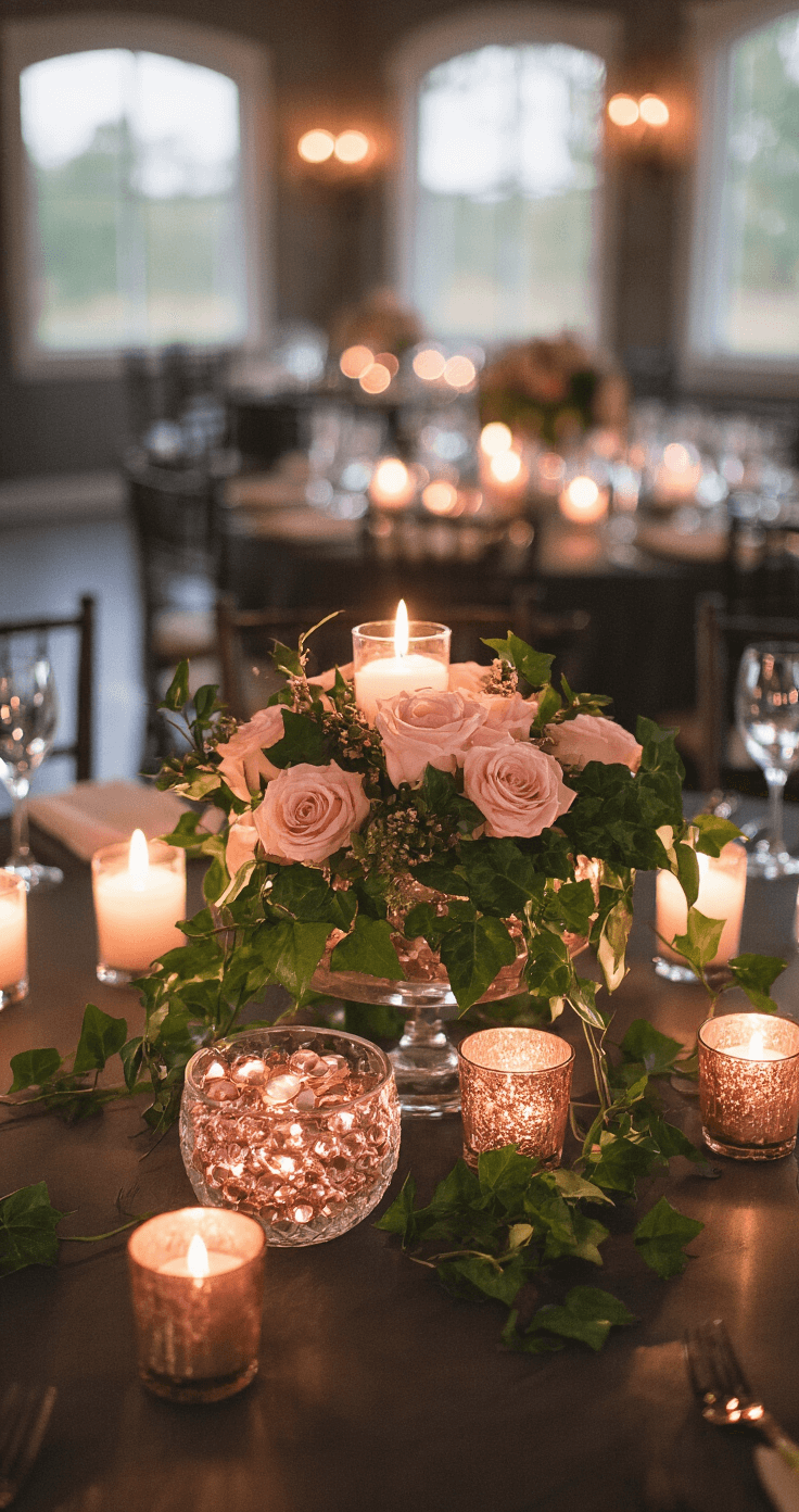 Intimate dining scene with flickering LED candlelight, showcasing a low glass bowl filled with rose gold gems and blush roses, framed by trailing ivy, viewed from a seated guest perspective.