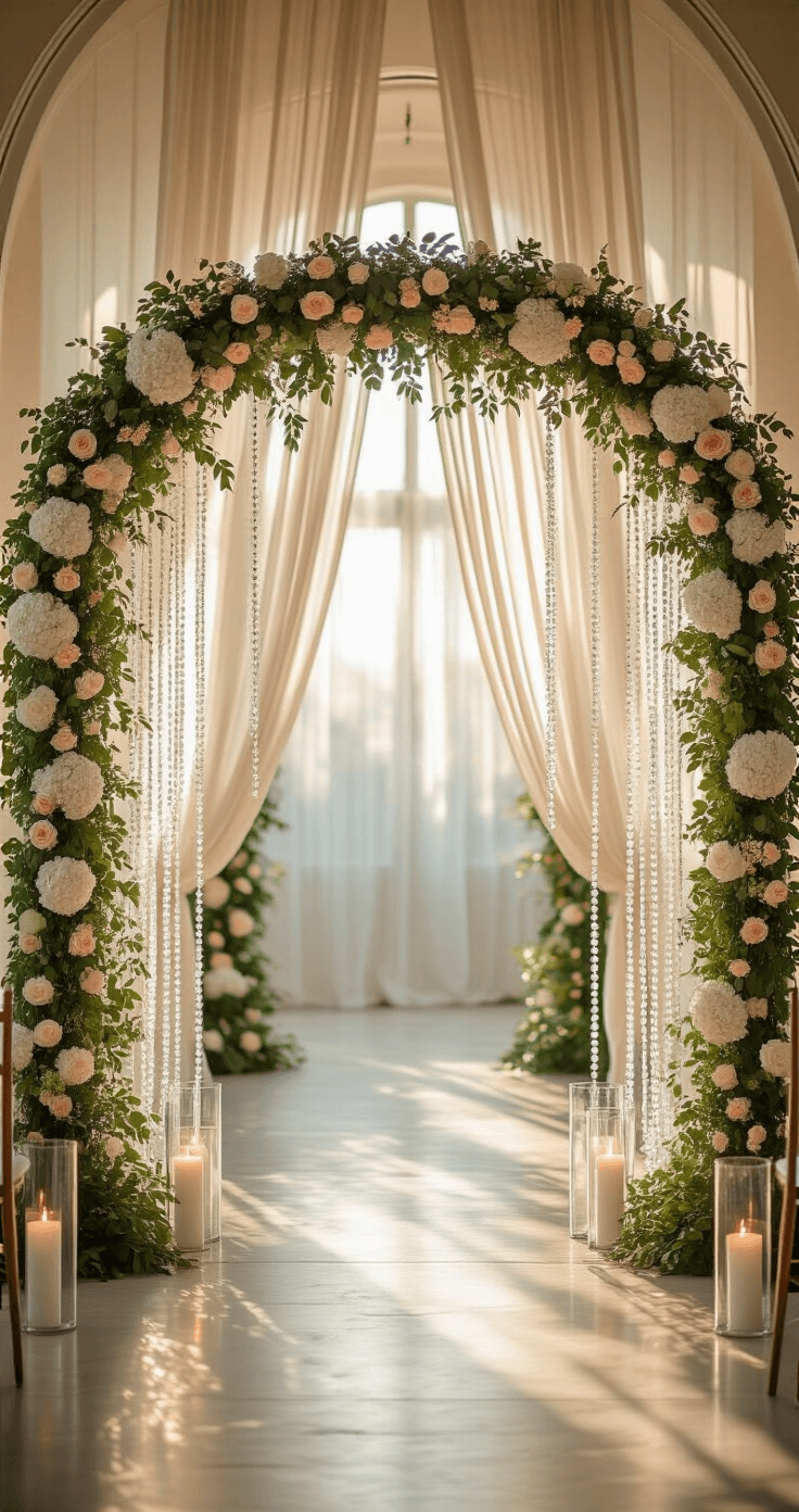 A romantic wedding arch display under a 15ft cathedral ceiling, featuring an elegant floral arch made of Dollar Tree stems with white hydrangeas, blush roses, and cascading greenery. Crystal beaded curtains create prismatic effects as natural light filters through sheer curtains. Flameless pillar candles of varying heights line the aisle, captured in a symmetrical composition from 20ft back during late afternoon.
