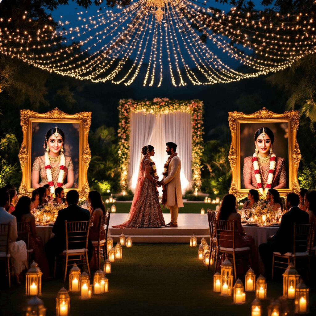 A beautifully decorated nighttime garden party featuring a couple exchanging ornate garlands on a raised platform, surrounded by flickering candles and lanterns, with guests seated at jewel-toned tables and a canopy of fairy lights overhead.