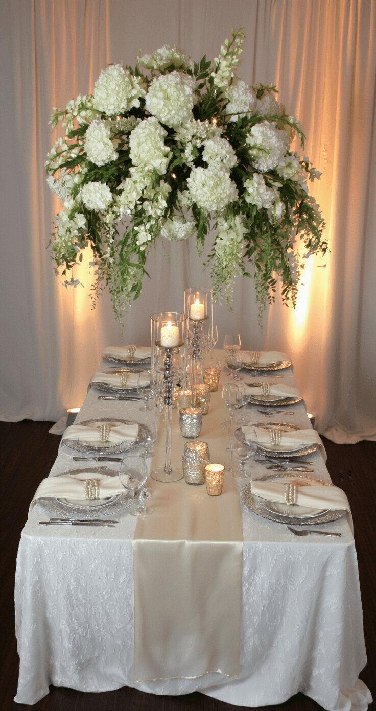 A beautifully arranged 24ft rectangular table featuring cascading floral arrangements in clear glass, mercury glass votives, pearl-wrapped napkin rings, and floating candles, set against a textured ivory backdrop with organza champagne runners, illuminated by warm light accents.