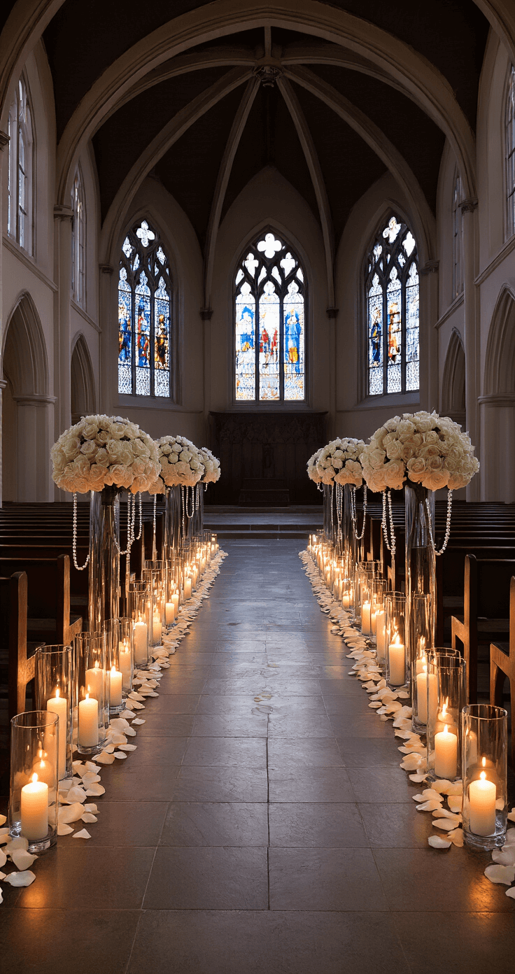 A serene church aisle illuminated by flameless candles in glass cylinders of varying heights, with scattered white rose petals and draped pearl strands, under gothic arched windows casting dramatic shadows during the blue hour.