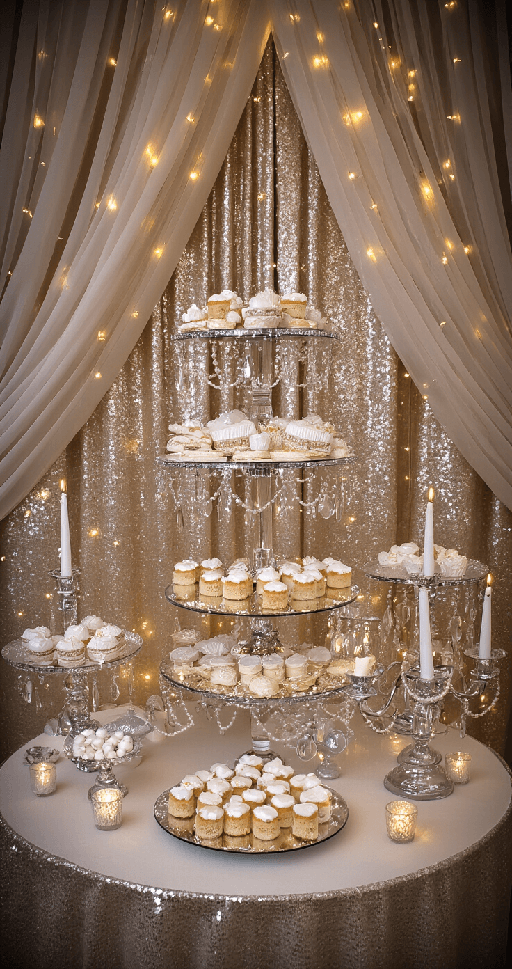 A beautifully arranged dessert table featuring a 12-foot buffet against a champagne sequin backdrop, with tiered displays made from mirrors and candle holders showcasing delicate pastries, crystal-look cake stands with pearl and metallic details, soft tulle draping with intertwined fairy lights, captured at a slight angle with evening lighting and subtle uplighting effects.