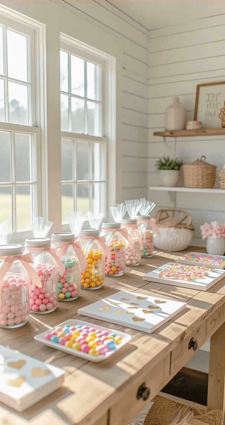 A bright and organized craft room featuring a table with wedding favor supplies, including clear treat bags, rainbow candies, and gold heart stickers in vintage mason jars, with a styled flat lay of a completed candy favor with blush ribbon on a white marble surface, captured from a 45-degree elevated angle.