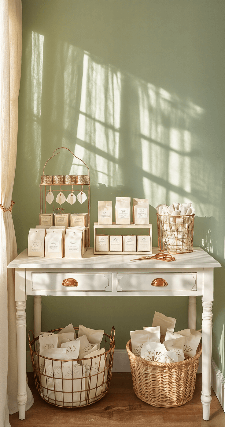 A cozy nook with sage green walls featuring a tea favor packaging station. An antique white desk displays neatly arranged white sachet bags and premium tea packets, along with laser-cut ivory dress-shaped tags. Copper scissors sit on a soft linen, and a vintage wire basket holds finished favors. Soft golden hour light filters through sheer curtains, creating warm shadows, with a shallow depth of field focusing on the desk.