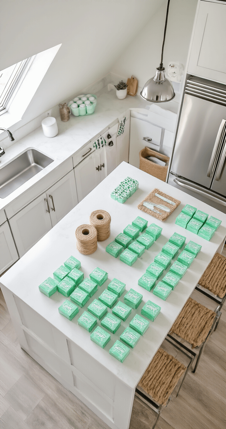 A modern kitchen island transformed into a Tic Tac customization station, featuring a white quartz countertop with rows of mint packs, custom vinyl stickers, and jute ribbon spools, illuminated by bright midday light from a skylight above. Chrome accents reflect light, creating geometric patterns, with a color palette of white, mint green, natural beige, and silver.