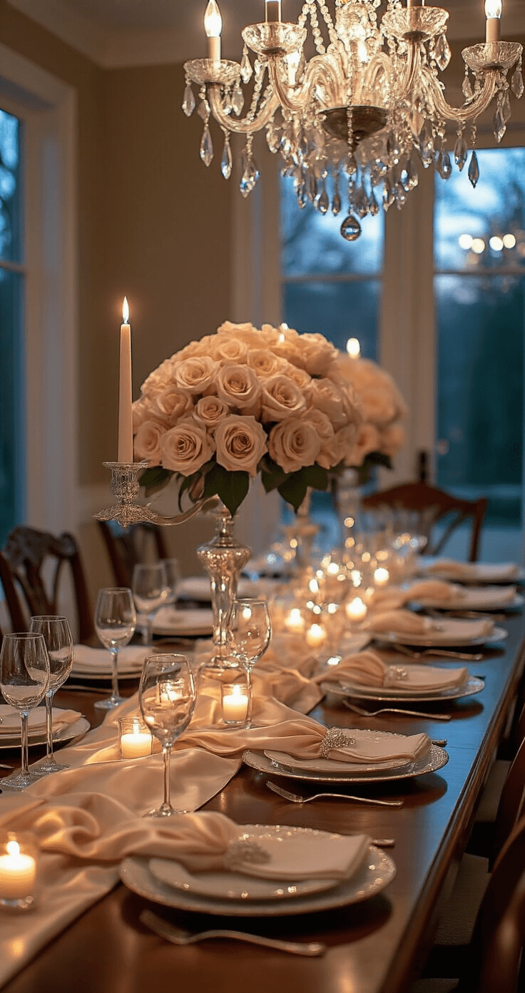 An elegant dining room features a long mahogany table adorned with transformed Dollar Tree wine glass centerpieces, decorated with silk rose petals, champagne satin ribbon, and pearl accents. The space is illuminated by dusk lighting and strategic uplighting, with a sparkling crystal chandelier overhead. The color palette consists of deep wood tones, blush, and champagne with pearl highlights, captured at eye level with dramatic depth of field.