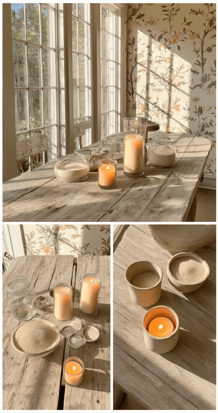 A rustic sunroom with a weathered wooden table displays a sand and candle centerpiece assembly, featuring various stages of creation with empty glasses, sand-filled vessels, and glowing battery candles. Late morning light casts dramatic shadows, while botanical wallpaper adds texture in a warm palette of sandy beige, cream, and golden candlelight.