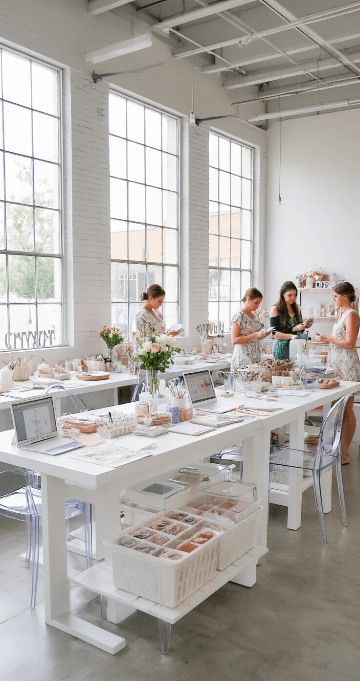 A bright contemporary craft studio during a bridesmaids' crafting party, featuring white lacquered tables with lucite chairs and organized supply trays. Afternoon light streams through industrial windows, illuminating multiple DIY stations and a laptop displaying Canva designs, with finished favors arranged gallery-style.