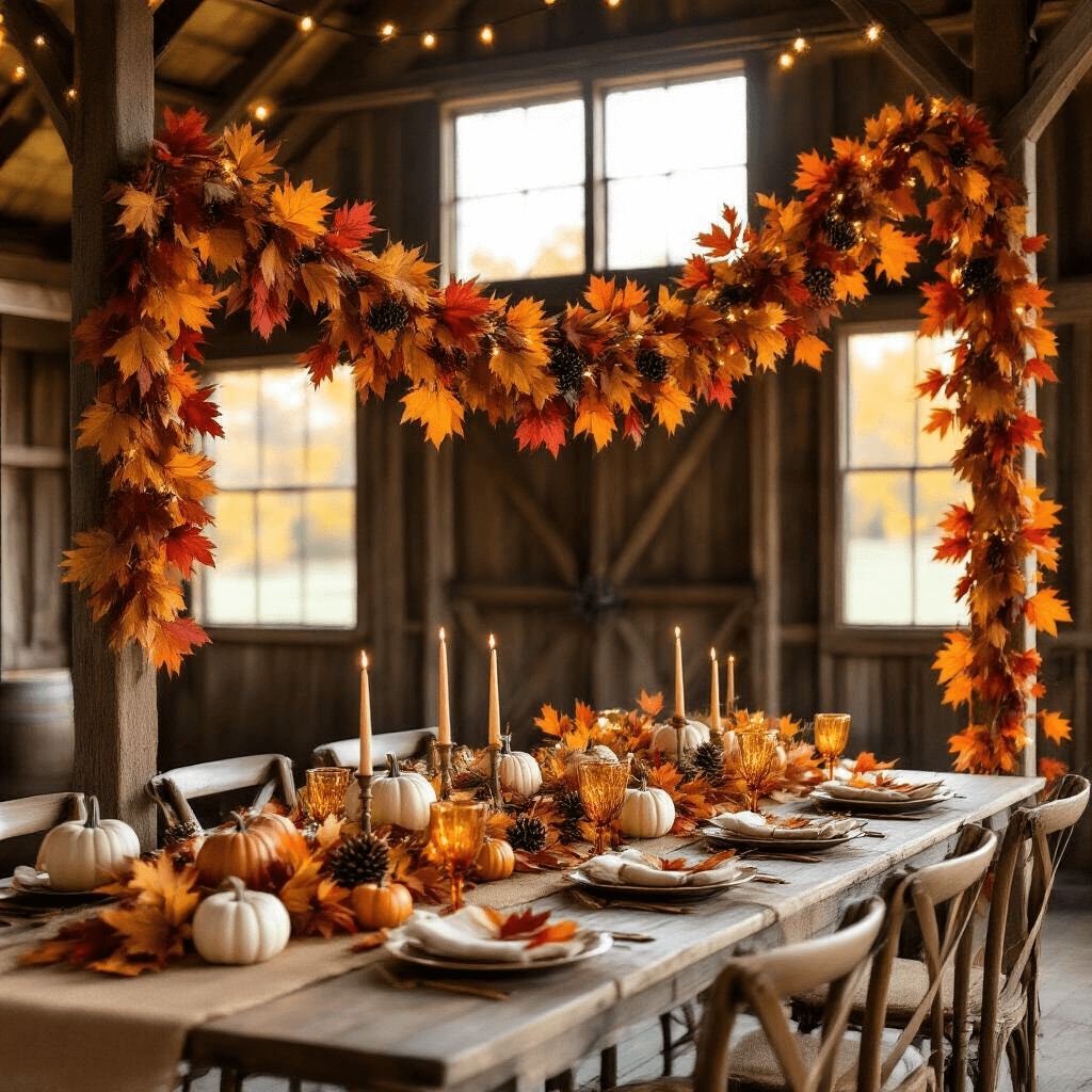 Fall Garland: Your Ultimate Guide to Autumn Decor Magic A golden hour scene in a rustic barn featuring a 20-foot autumn garland of artificial maple leaves in vibrant fall colors, mini white pumpkins, and pinecones, illuminated by soft fairy lights. Below, a farmhouse table set for dinner with burlap runners and amber glassware, adorned with scattered leaf accents.