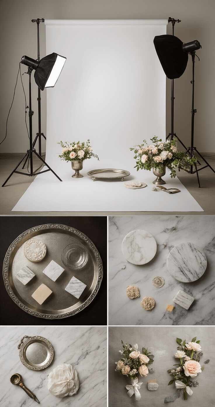 Professional photography setup featuring a 10'x10' studio with softbox lighting and a white seamless backdrop. Styled vignettes of wedding favors are arranged on textured surfaces like marble, linen, and velvet. Props include vintage silver trays and fresh flowers, showcased with flat lay techniques in a neutral color palette with pops of wedding colors.