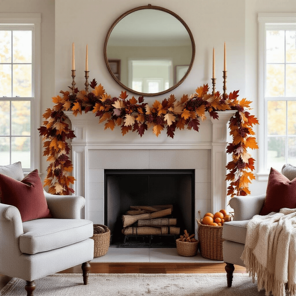Fall Garland: Your Ultimate Guide to Autumn Decor Magic An intimate living room filled with soft morning light features a fireplace mantel decorated with a DIY fall garland of fabric and paper leaves in burgundy and gold, accented by acorns, cinnamon sticks, and dried orange slices. Brass candle holders with tall tapers flank the garland, and a large round mirror above reflects the warm autumn hues, while cozy armchairs and a plush throw create a welcoming reading nook.