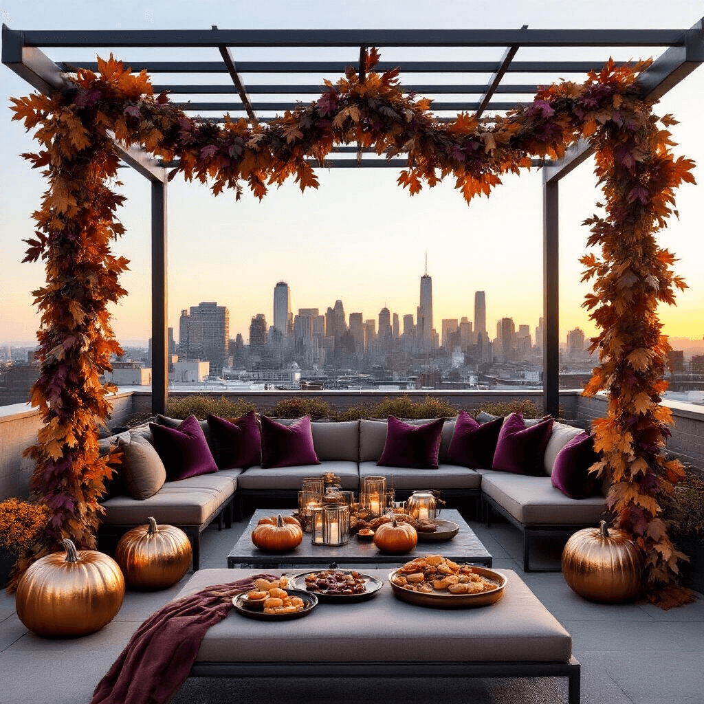 Fall Garland: Your Ultimate Guide to Autumn Decor Magic Chic rooftop terrace adorned with a fall garland of faux and preserved leaves in plum, copper, and sage, framed by a modern metal pergola. Oversized metallic pumpkins and mercury glass lanterns complement low lounge seating with jewel-toned velvet cushions, with trays of mulled wine and autumn appetizers setting a sophisticated scene at sunset.