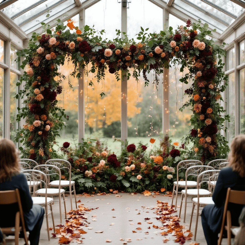 Fall Garland: Your Ultimate Guide to Autumn Decor Magic An enchanting autumn wedding scene in a light-filled conservatory featuring a stunning fall garland of eucalyptus, burgundy dahlias, and warm foliage, adorned with copper wire fairy lights. Ghost chairs form a semicircle around the garland, with scattered leaf confetti in blush and amber along the aisle.