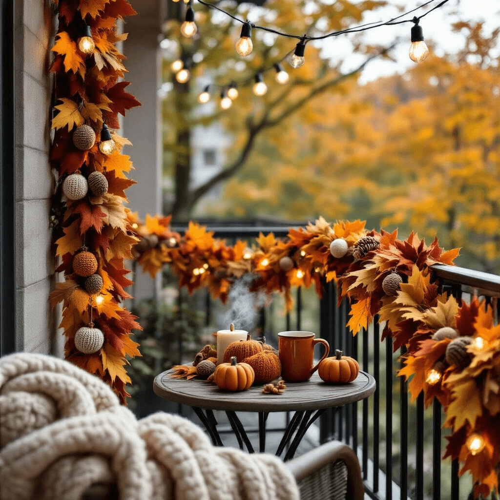 Fall Garland: Your Ultimate Guide to Autumn Decor Magic Cozy apartment balcony adorned with a creative garland of felt leaves, knit pumpkins, and acorns, illuminated by warm bistro lights. A small bistro table with a matching centerpiece and soft throw blankets create an inviting autumnal atmosphere, perfect for enjoying cider and the fall scenery.