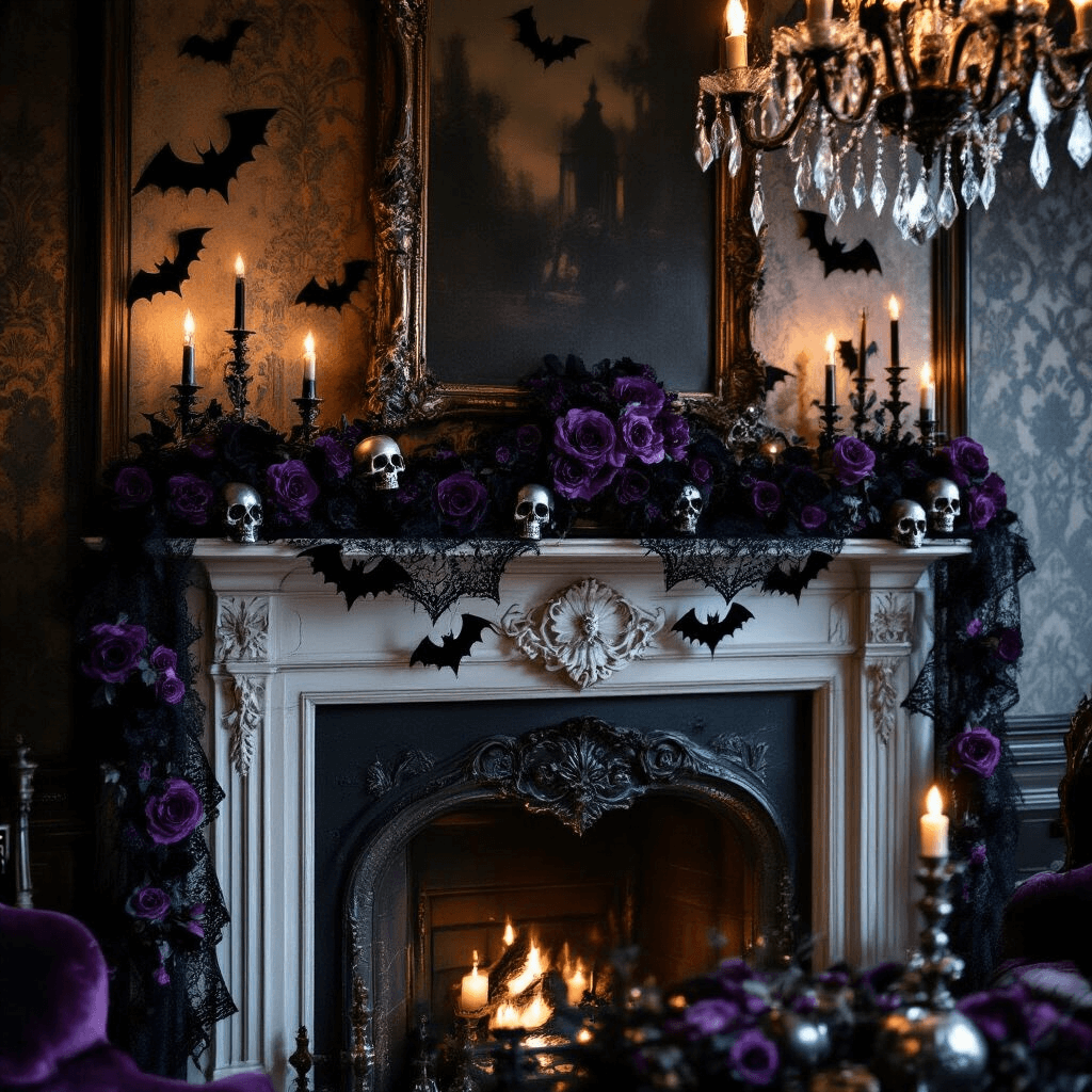 Spook-tacular Halloween Garland: Your Ultimate Guide to Festive Home Decor A dimly lit Victorian parlor decorated for Halloween, featuring a lace bat and silver skull garland on an ornate fireplace, flickering candles casting shadows, and a crystal chandelier above plush velvet furnishings, all set against richly patterned wallpaper.