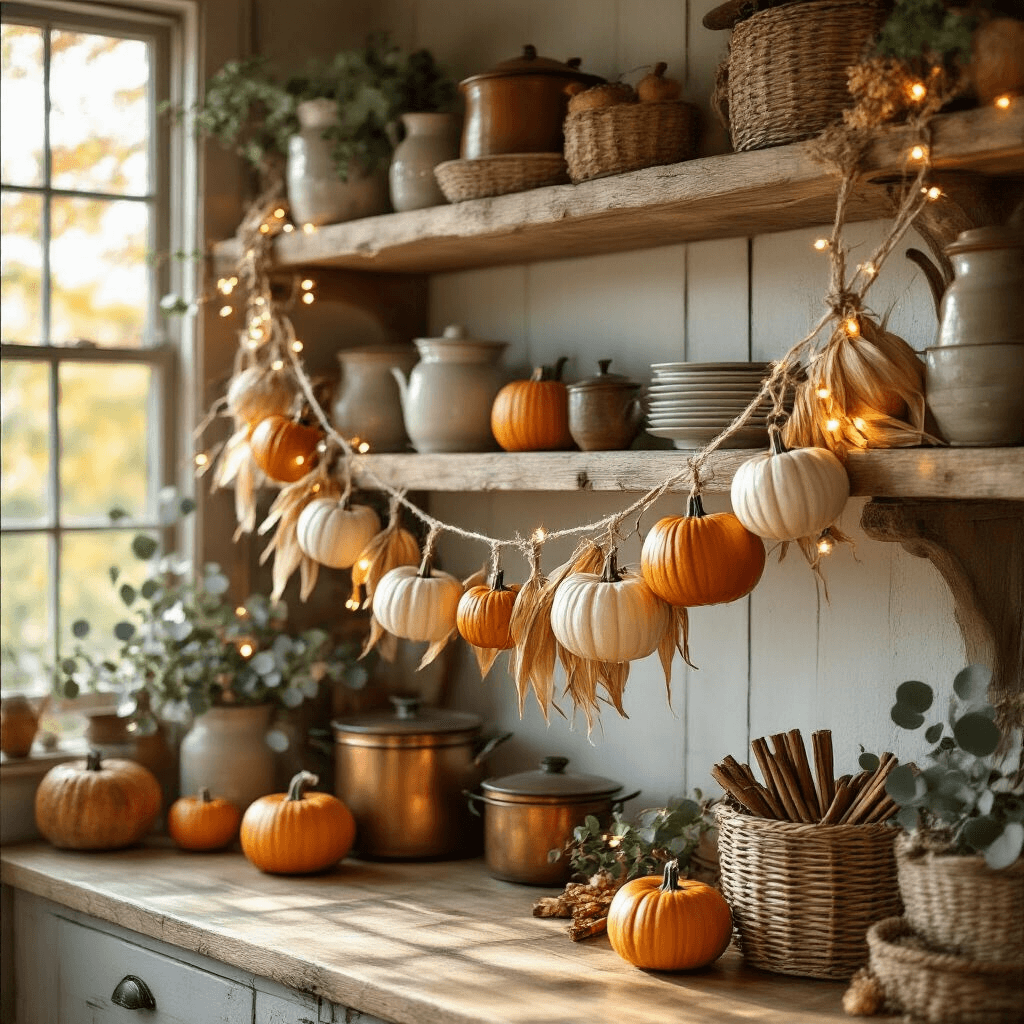 Spook-tacular Halloween Garland: Your Ultimate Guide to Festive Home Decor A cozy farmhouse kitchen illuminated by warm afternoon sunlight, featuring a DIY Halloween garland made of twine, hand-painted mini pumpkins, dried corn husks, and cinnamon sticks, with fairy lights and eucalyptus sprigs, complemented by vintage crockery on open wooden shelving.