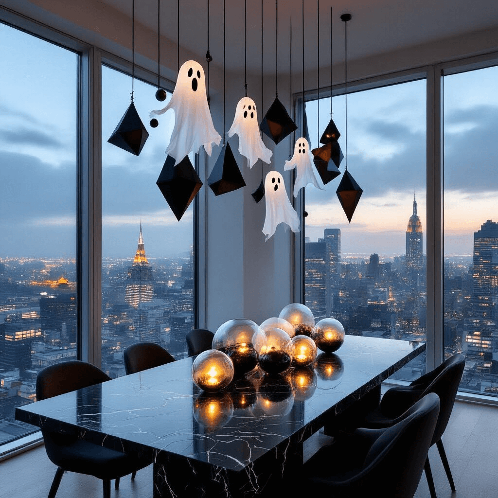 Spook-tacular Halloween Garland: Your Ultimate Guide to Festive Home Decor An ultra-modern city loft at twilight with floor-to-ceiling windows, featuring a minimalist Halloween garland of matte black geometric shapes and translucent ghost figures, illuminated by hidden LED strips. A black marble dining table below showcases a centerpiece of smoke-filled glass orbs.