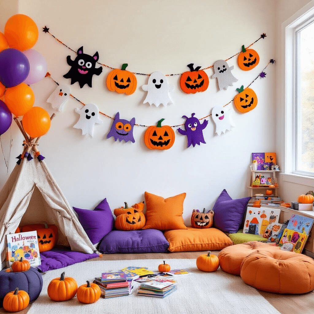 Spook-tacular Halloween Garland: Your Ultimate Guide to Festive Home Decor A vibrant children's playroom decorated for Halloween, featuring a felt garland of friendly monsters, ghosts, and jack-o'-lanterns, a cozy reading nook with Halloween storybooks, a balloon-decorated teepee, and a craft table showcasing spooky artwork.