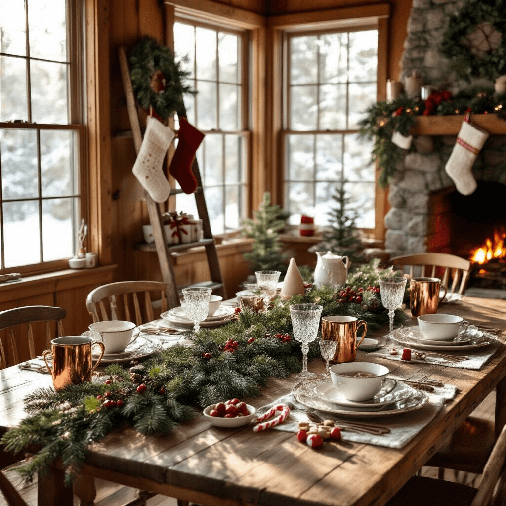 A cozy cabin kitchen on Christmas morning, featuring a farmhouse table set with vintage china, crystal glasses, and a garland of fresh pine, eucalyptus, and red berries. A rustic ladder displays hand-knit stockings, while a crackling fireplace adds warmth. A hot chocolate station with copper mugs and candy canes is in the foreground, illuminated by warm morning sunlight streaming through frost-kissed windows.