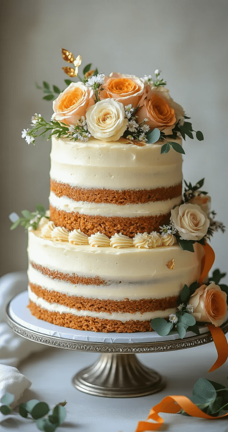 A three-tiered carrot cake with cream cheese frosting, decorated with edible flowers, gold leaf, and carrot ribbons, displayed on a silver stand with garden roses and eucalyptus.