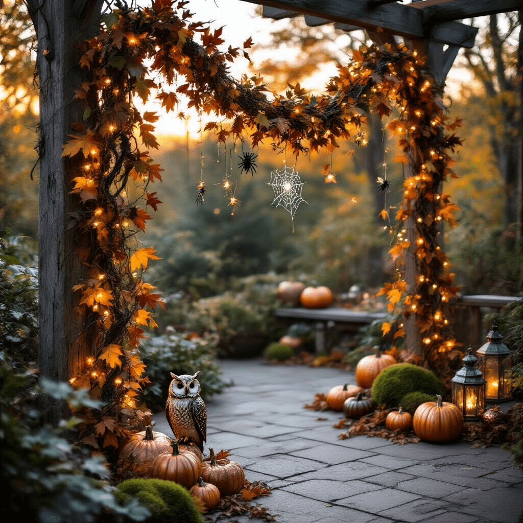 Spook-tacular Halloween Garland: Your Ultimate Guide to Festive Home Decor An outdoor patio adorned with a nature-inspired Halloween garland of autumn leaves and fairy lights, featuring owl figurines, beetles, spider webs, pumpkins, and lanterns, all bathed in the golden hour glow.