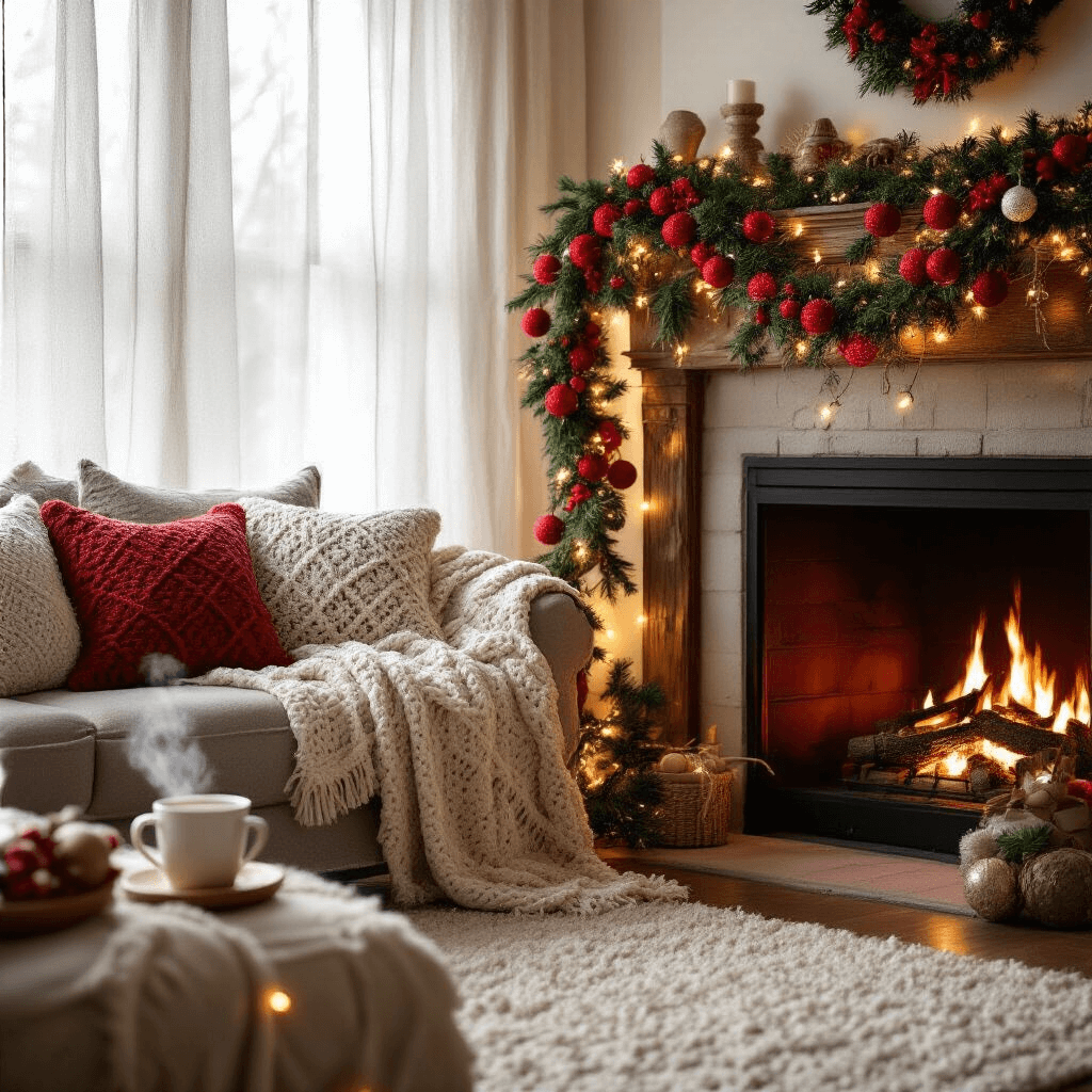 Crafting the Perfect Crochet Christmas Garland: A Festive DIY Guide A cozy living room featuring a handmade crochet Christmas garland on a rustic wooden mantle, softly lit by afternoon light and twinkling fairy lights, with a crackling fireplace, plush throw pillows, and a steaming mug of cocoa on a side table.