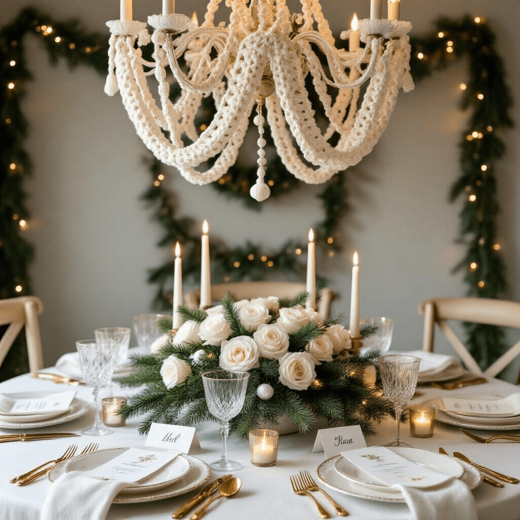 Crafting the Perfect Crochet Christmas Garland: A Festive DIY Guide A festive dining nook decorated for Christmas, featuring a crochet garland in cream and gold around a chandelier, a circular table with white linens, gold cutlery, crystal glasses, and a centerpiece of white roses and pine branches, with personalized place cards and sprigs of evergreen at each setting.