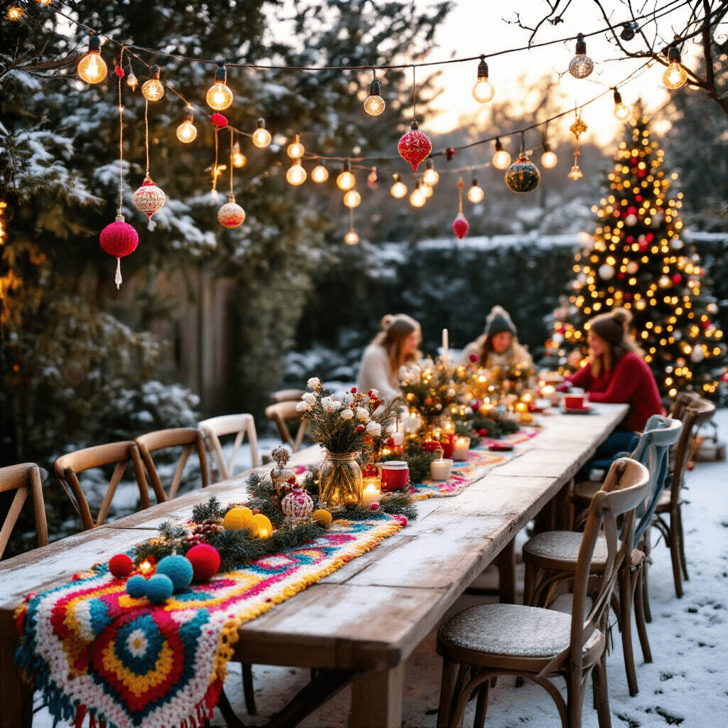 Crafting the Perfect Crochet Christmas Garland: A Festive DIY Guide A whimsical outdoor Christmas party features a snow-dusted garden with a long farmhouse table draped in a colorful crochet garland, surrounded by mismatched vintage chairs. Overhead, large bulb lights form a festive canopy. The table is adorned with mason jars filled with winter blooms and quirky ornaments, while a twinkling Christmas tree decorated with crochet ornaments stands in the background, as guests in cozy sweaters enjoy mugs of mulled wine.