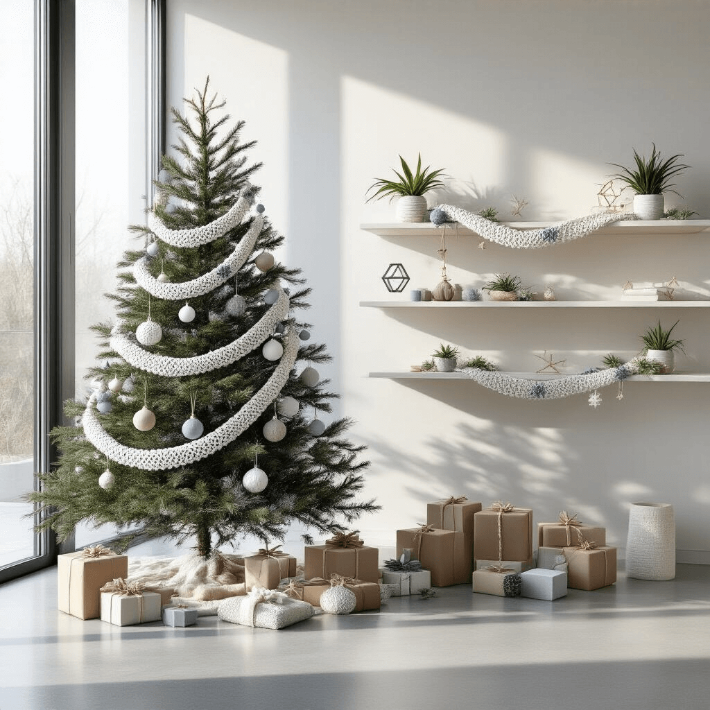 Crafting the Perfect Crochet Christmas Garland: A Festive DIY Guide A modern Christmas morning scene in a minimalist apartment featuring a Scandinavian-inspired tree with a crochet garland, floating shelves with geometric ornaments, and air plants. Soft morning light shines through large windows onto a polished concrete floor, while wrapped gifts in kraft paper and yarn sit nearby, enhancing the serene holiday ambiance.