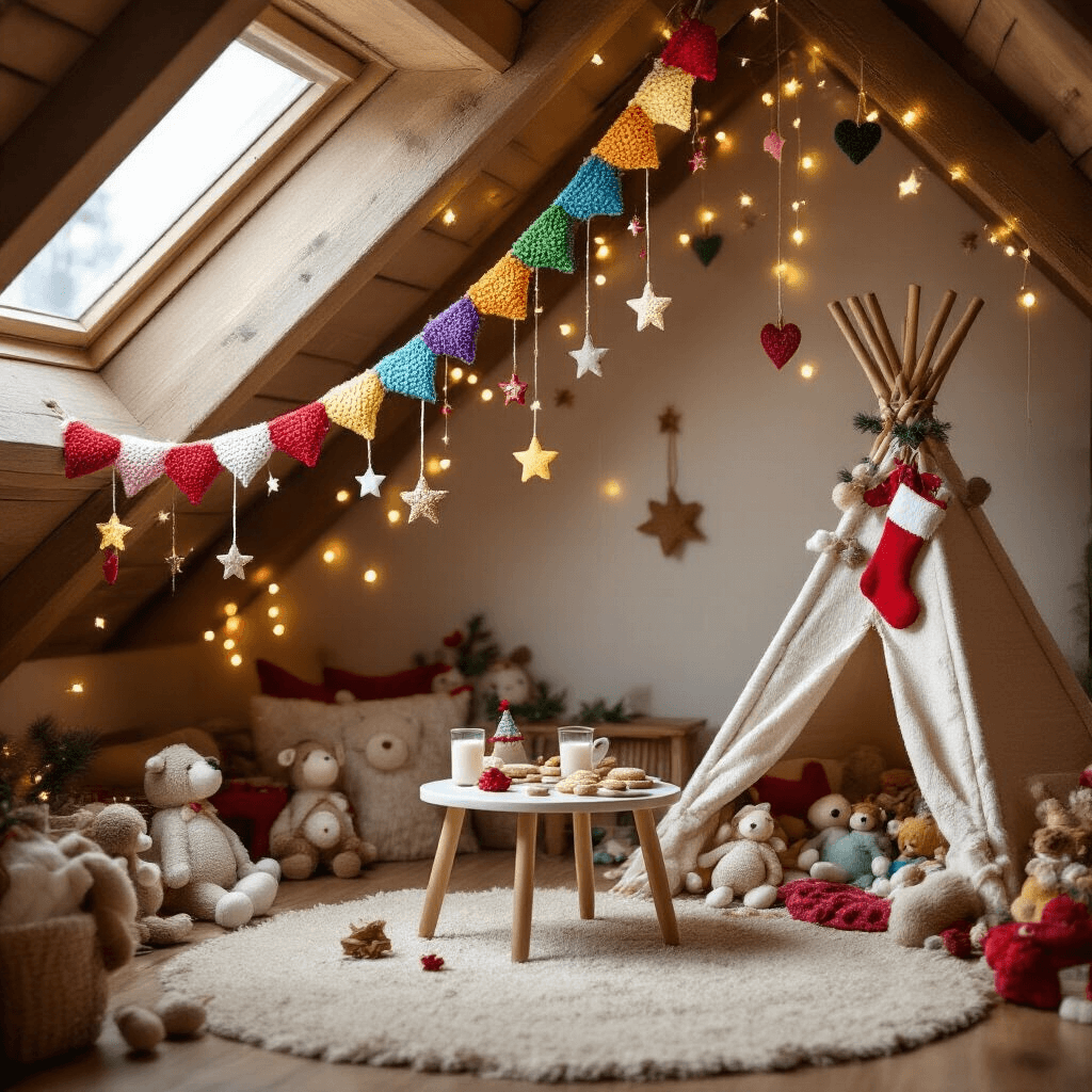 Crafting the Perfect Crochet Christmas Garland: A Festive DIY Guide A cozy attic playroom decorated for Christmas Eve, featuring a rainbow crochet garland on the ceiling, fairy lights, a teepee filled with plush toys, a table set for milk and cookies, and handmade stockings hanging from a wooden beam, all creating a magical childhood atmosphere.
