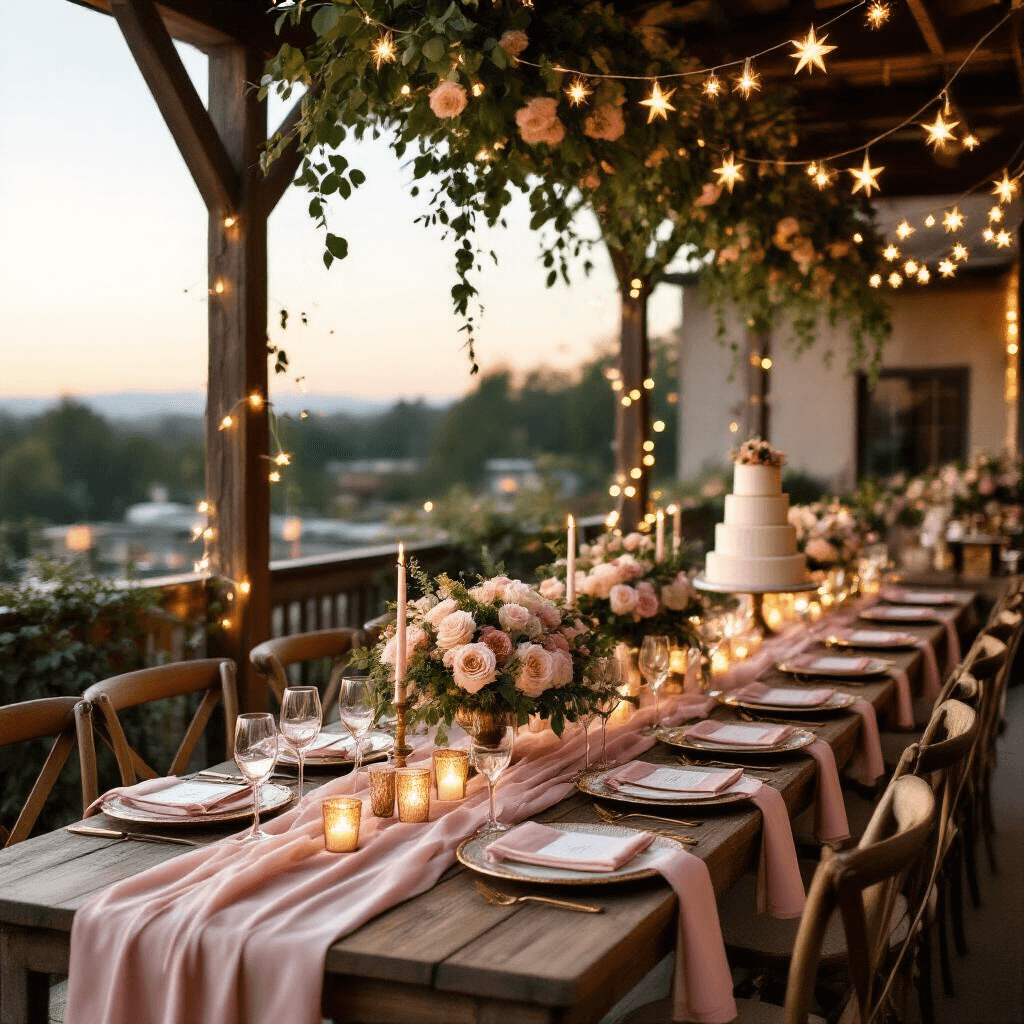 A romantic twilight rooftop wedding reception featuring rustic wooden farm tables with blush pink silk runners, lush floral centerpieces, star garlands draped overhead, candlelit mercury glass votives, elegant place settings with gold-rimmed chargers, and a vintage bar cart with champagne flutes and a tiered naked cake adorned with fresh flowers.