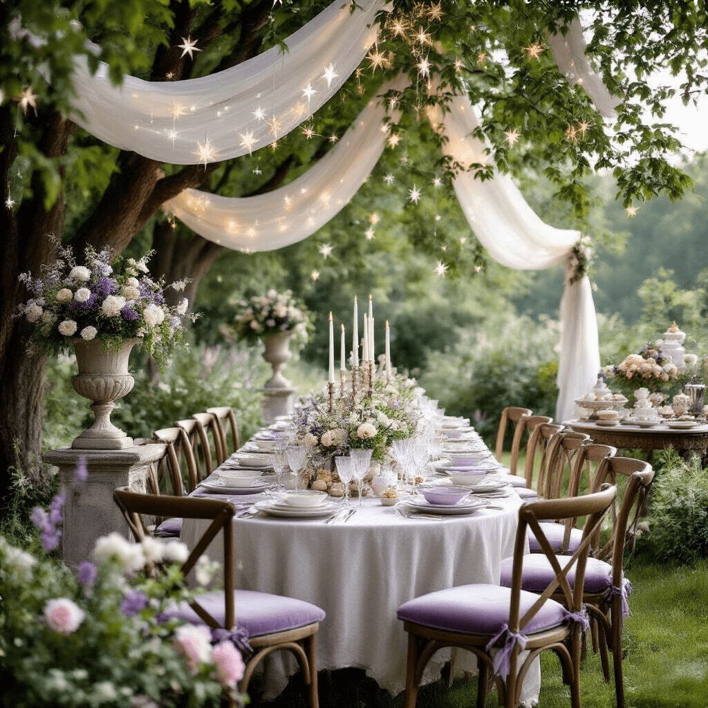 An enchanting midsummer night's garden party featuring a long banquet table adorned with vintage china, crystal glassware, and lush flower arrangements, all beneath a canopy of trees draped in sheer fabric and twinkling lights, with plush cushions on wooden chairs and a dessert table of macarons and petit fours nearby.