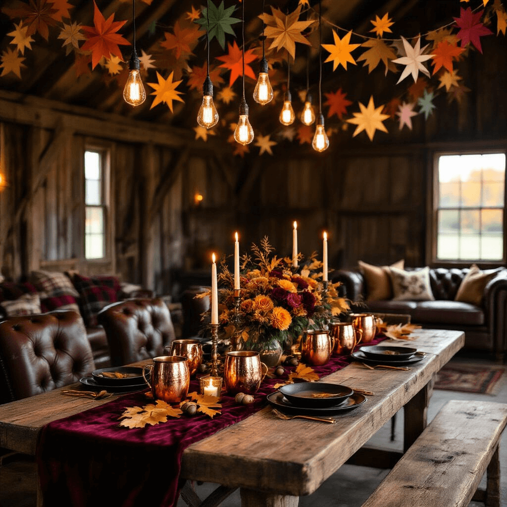 A cozy autumn dinner party in a rustic barn, featuring a harvest table with a burgundy velvet runner, golden leaves, and copper mugs, illuminated by Edison bulbs and candles, with a lounge area of leather sofas and a mulled wine station in the corner.