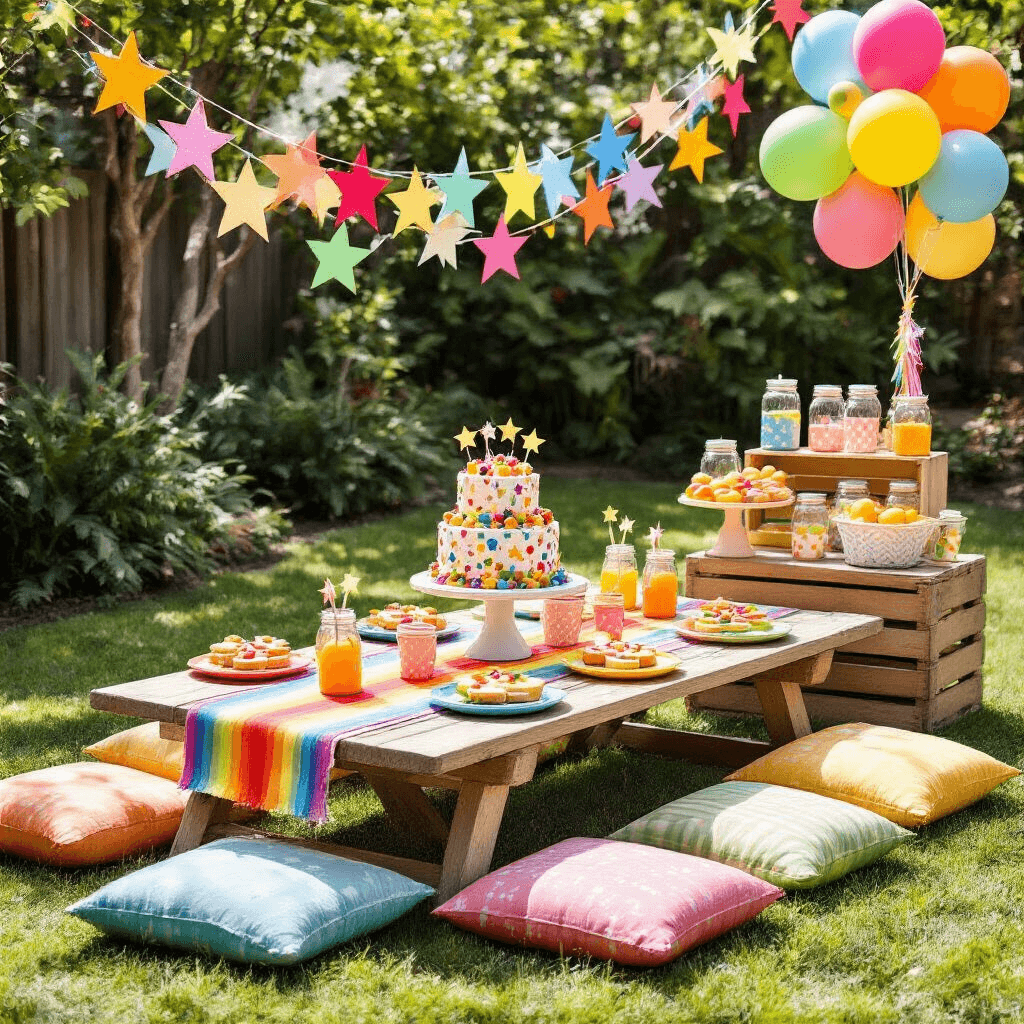 A vibrant children's birthday party in a sunlit backyard, featuring a picnic table with a rainbow table runner, colorful cushions, star-shaped sandwiches, fruit skewers, multicolored garlands, helium balloons, a DIY lemonade stand with Mason jars, and a tiered birthday cake adorned with rainbow sprinkles and a 'Make a Wish' banner.