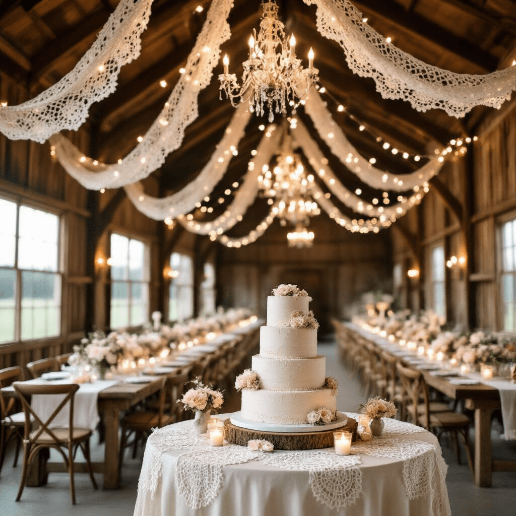 Crochet Garland Magic: Your Ultimate Guide to Stunning Event Styling and Content Creation A rustic barn wedding featuring crochet garlands and fairy lights, with wooden beams, long ivory-dressed tables adorned with blush and cream floral centerpieces, vintage chandeliers, and a dessert table showcasing a tiered naked cake surrounded by crochet doilies and candles.