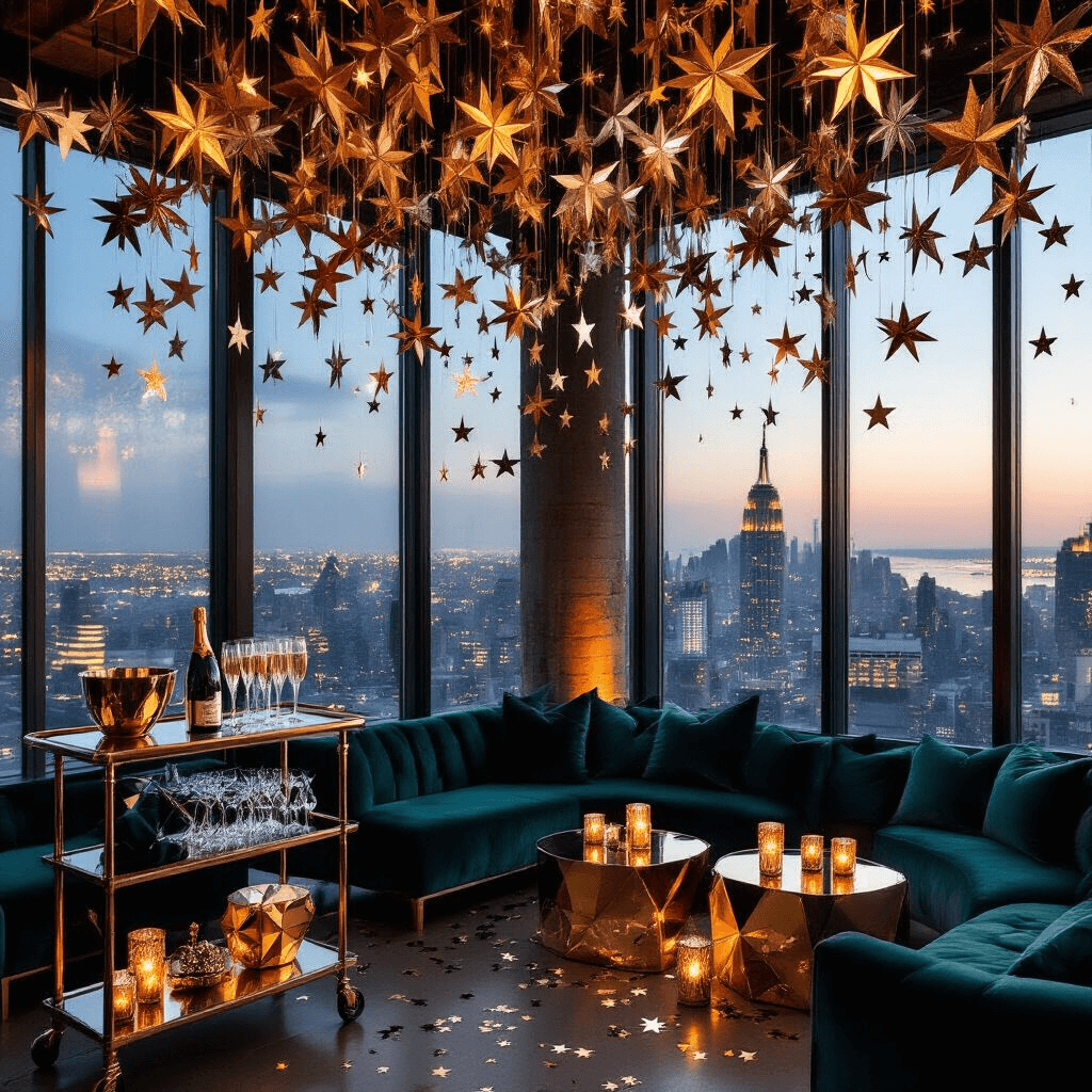 An elegant New Year's Eve soirée in a chic loft with floor-to-ceiling city views, featuring a sleek bar cart, mirrored cocktail tables, plush velvet seating, and a dazzling metallic star garland ceiling, all set for midnight celebrations.